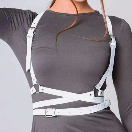 Women Trendy Leather Harness White Goth Underwear Suspenders Bondage Chest Harness Garter Belt Fetish Clothing Adjustable Strap