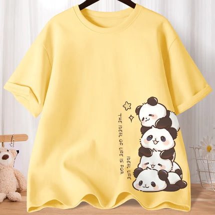 Summer Cartoon Cute Treasure Panda Sweet Printed Short Sleeve T-shirt Women's Loose Leisure Soft Bottom Oversized Shirt Top