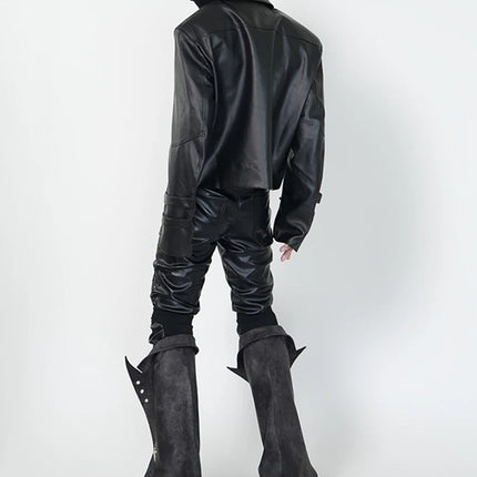 Mauroicardi Spring Skinny Black Pu Leather Motorcycle Pencil Pants for Men with Detachable Leg Covers Alternative Punk Clothes