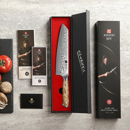 XINZUO Bunka Knife 8.3 Inches 67 Layers Damascus Steel Handcrafted Kitchen Tool Figured Sycamore Wood Handle High-end Gifts