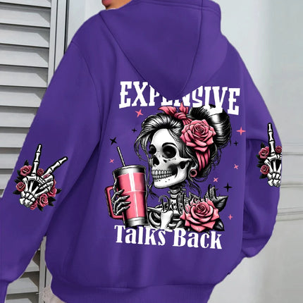 Expensive Talks Back Funny Printing Womens Hoodie Loose Multicolor Pullovers Fleece Autumn Sportswear Casual Pocket Hoody