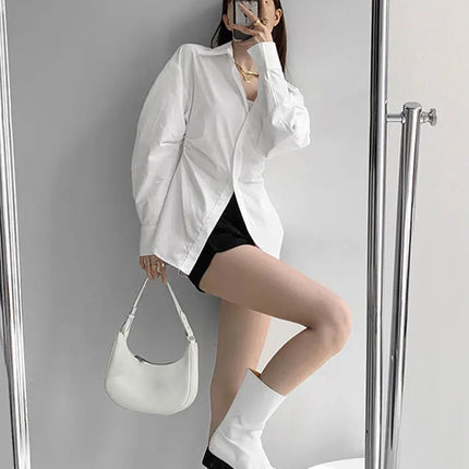 JOEVILU White Shirt Women’s Waist-defining Blouse Slim Fit Long Sleeve Tops Figure-hugging Office Shirts Korean Style Clothes
