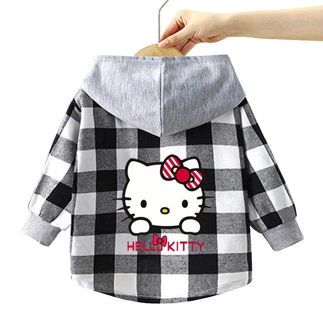 Spring and Autumn Children's Sanrio Cinnamoroll Shirts 1-12 Year Girls Checkered Hooded Blouse Fashion Cartoon Shirt Sweater