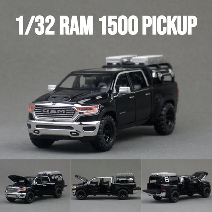 1/32 Dodge RAM 1500 Pickup Toy Car Miniature Diecast Metal Off Road Vehicle Model Pull Back Sound Light Collection Gift Boy