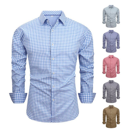 Men's long-sleeved shirt, plaid long-sleeved shirt, business casual slim-fit collared shirt, multiple colors available.