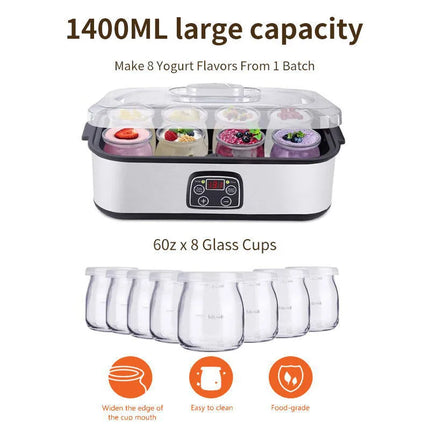 1400ml Yogurt Machine Healthy Breakfast Maker Probiotic Yogurt for Kids 8 Cups+Regular Appointment Stainless Steel