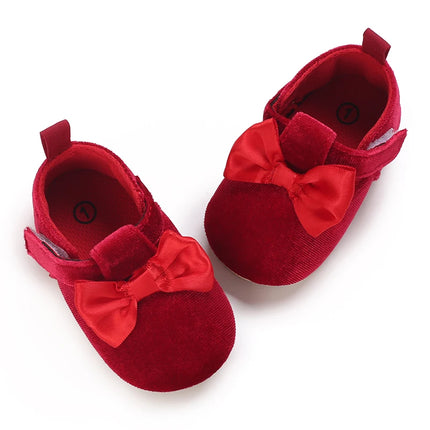 Spring and Autumn Red Fluffy Children's Shoes 0-1 Year Old Women's Treasure Bow Solid Color Princess Soft soled Shoes Baby Shoes