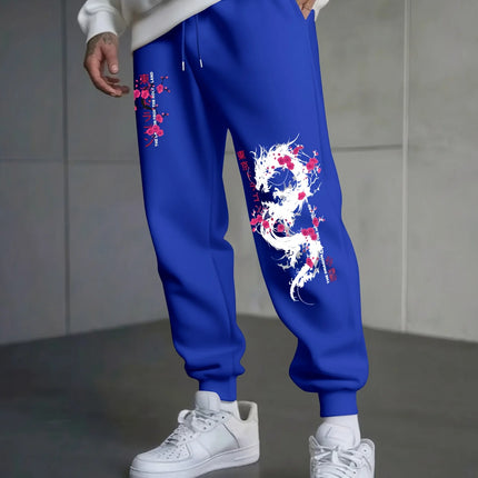 Japanese-Style Dragon And Cherry Blossom Print Autumn And Winter Men'S Fleece-Lined Casual Pants