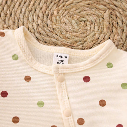 Baby Polka Dot Three-Piece Set 0-12 Months Old Newborn Spring and Autumn Soft Cotton Button-Up Top + Footed Pants + Hat Infant Fresh Polka Dot Cute Loungewear Set