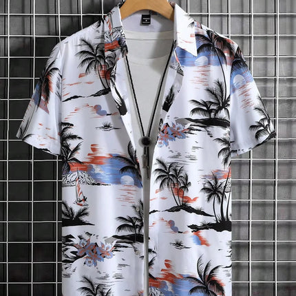 Hawaiian Botanical Flower Print Men's and Women's Short Sleeve Lapel Seaside Button-Down Shirt Top Casual Fashionable Shirts