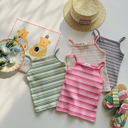 2024 Summer Girls 2-8 Years Casual Stripe Suspender Kids Cotton Sleeveless Shirts