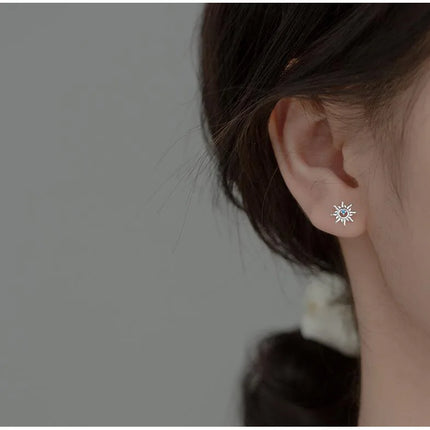 925 Sterling Silver Blue Zircon Sun Small Stud Earrings For Women Piercing Elegant High Fine Jewelry Best Selling
