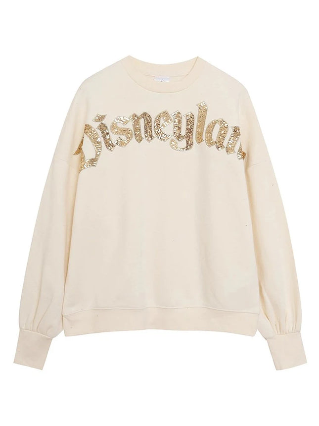 Disney Sequins Disneyland Letter Print Embroidery Sweatshirt Women O Neck Glitter Pullovers Jumper Tops Fleece Unisex 2025 New