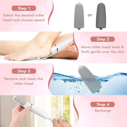 Rechargeable Electric Foot Callus Remover Set Pink & White Pedicure Tools with 2 Bonus Replacement Heads for Smooth Feet Care
