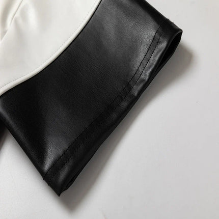 Splice Color Stripe Pu Leather Lapel Collar T Shirt Black Purple Red Polo Shirt Men Women High Quality Casual Short Sleeve Tops