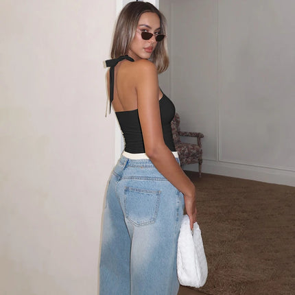 Hugcitar Women's Fashion Halter Solid Loop Backless Bandage Sexy Crop Tank Top 2025 Summer Casual Clothes Streetwear Vacation Club
