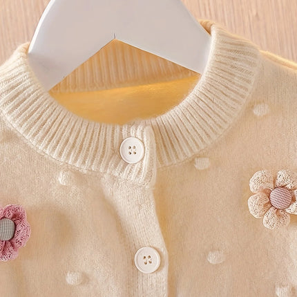 Girls' Embroidered Three-Dimensional Flower Cardigan Sweater, Baby Girl's Autumn Comfortable, Soft and Versatile Knitted Jacket