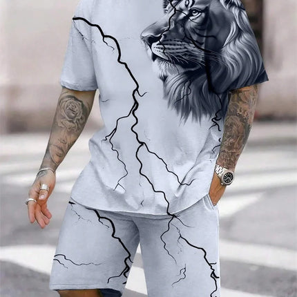 2024 New Crew Neck Short Sleeve T-shirt Fashion Shorts Set 3D Lion Print Short Sleeve Shorts 2-piece Men's Summer Sports Set