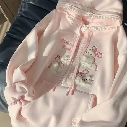 Cute Cartoon Bow Hoodies Women Loose Sweet Lace Patchwork Kawaii Sweatshirts Japan Preppy Style Spring Long Sleeve Pink Tops New
