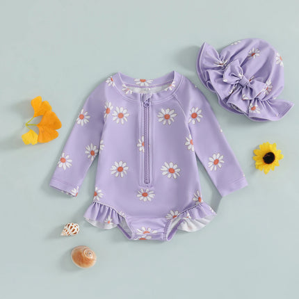Baby Girls Swimsuit, Long Sleeve Flower Print Zipped Bikini with Hat Newborn Swimwear for Summer Bathing
