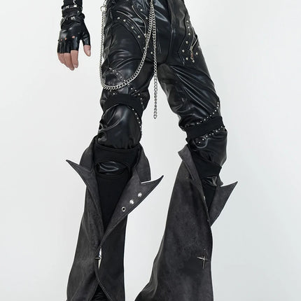Mauroicardi Spring Skinny Black Pu Leather Motorcycle Pencil Pants for Men with Detachable Leg Covers Alternative Punk Clothes