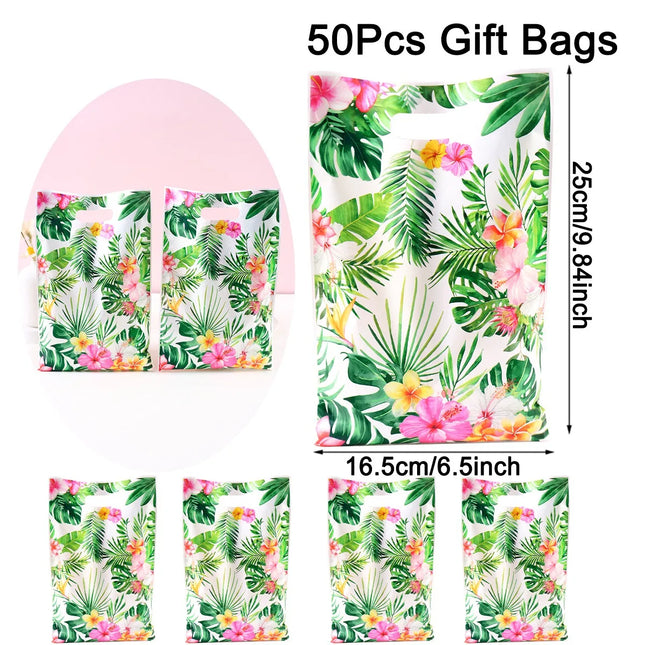 Summer Hawaiian Floral Plastic Tablecloth Flamingo Table Runner Candy Bags For Tropical Hawaiian Birthday Party Decorations