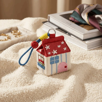Kawaii Large Capacity Cartoon House Earphone Bag Mini Embroidery Storage Bag Red Polyester Coin Purse Women