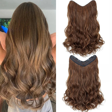 24Inch Synthetic Long Culry Hair Extension V-shaped One Piece Fluffy Invisible Hair Black Brown Hairpiece for Women