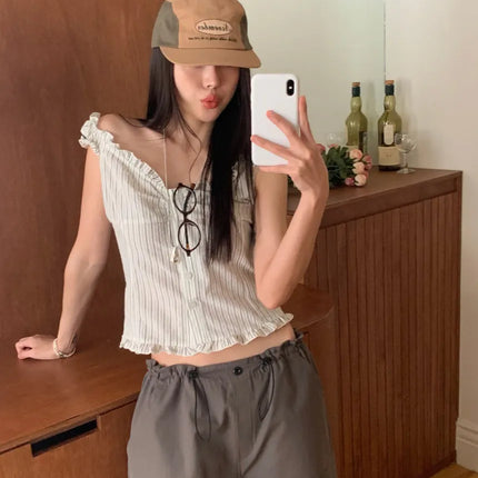 Korean Sle ort Striped Vest Women Summer Outerwear Subtle Design Single Button Lobone Trendy Age-Defng Top