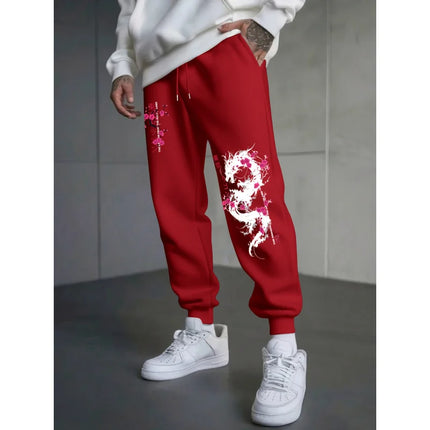 Japanese-Style Dragon And Cherry Blossom Print Autumn And Winter Men'S Fleece-Lined Casual Pants