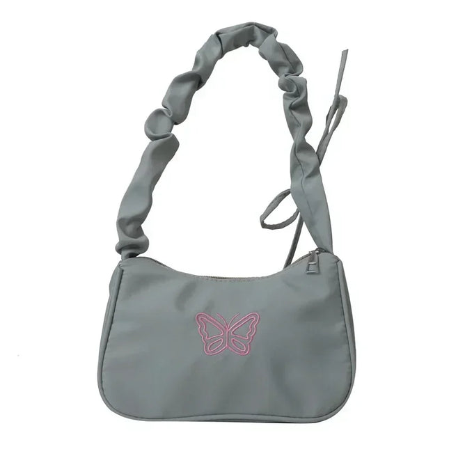 Embroidery Bowknot Butterfly Shoulder Bag Y2k-Style Ruffle Handle Nylon Bow Tote Bag Makeup Lipstick Bag Handbag New
