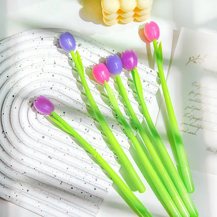 10Pcs/Lot Cute Tulip Color Changing Silicone Neutral Pen 0.5MM Black Ink Gel Pens  Kawaii Flower Pen School Office Stationery