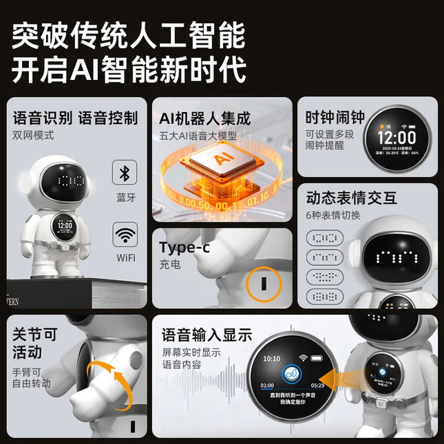 Ai Astronaut Robot Voice Control Bluetooth Wifi Dual Mode Alarm Clock Desktop Toy Dynamic Expression Movable Joint Type C