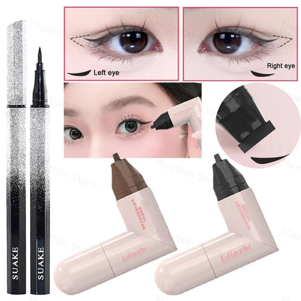DIY Rotate Eyeliner Stamp Integrated Black Brown Dual-Tip Eyeliner Wing Stencil Waterproof Smudge-Proof Long Lasting Liquid Pen