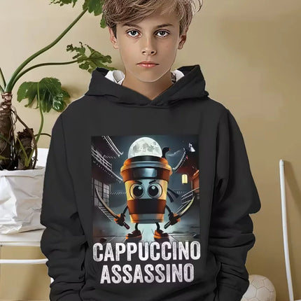 Funny Cappuccino Assassino Hoodies Boys Girls Funny Italian Brainrot Print Hoodie Long Sleeve Hooded Tops Kids Humor Sweatshirts