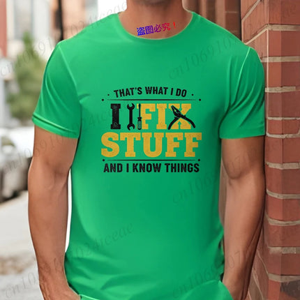 'I Fix Stuff and I Know Things' T-Shirt Men Funny Vintage Handyman Graphic Tee Short Sleeve Casual Tops Gift for Repairman