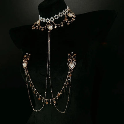 Pearl Heart-Shaped Nipple Clip Body Chain Collar Rhinestone Butterfly Pendant Chest Restraints Sexy Accessories for Women Sextoy