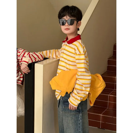 Children Long Sleeved T-shirt 2026 Spring  Autumn New Boy's Polo Shirt Striped Doll Collar Top Tees Girls Casual Clothes