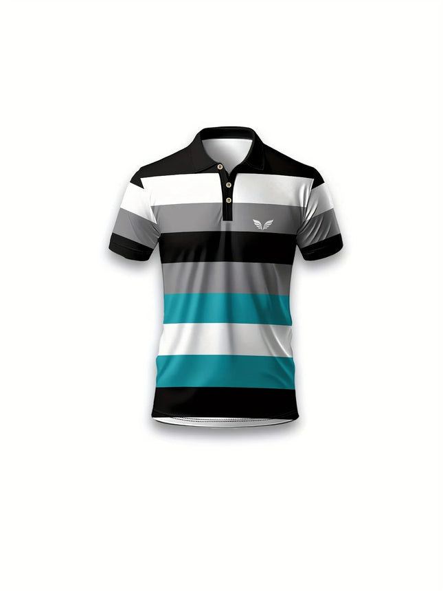 Men's Striped and Wing Printed Casual Short Sleeved Top, Comfortable Thin and Breathable Short Sleeved Regular Polo Shirt