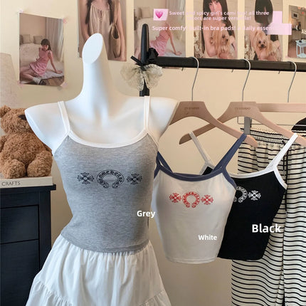 Korean Sweet Spicy Sleeveless Print Vest Women Summer Short Fit Inner Wear Strap Design Commute Top Casual Daily Girl