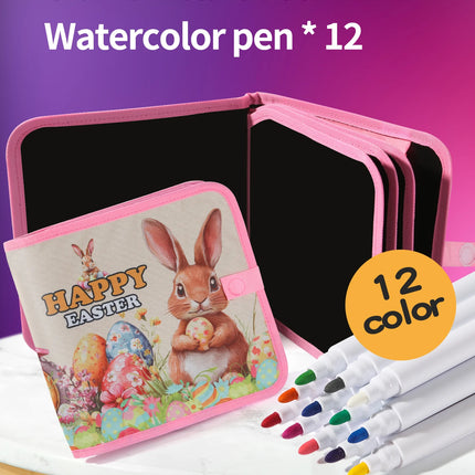 Kids Easter Bunny Blackboard Graffiti Book-Reusable Washable Painting Notebook with 12 Color Pens, Portable Educational Toy Gift