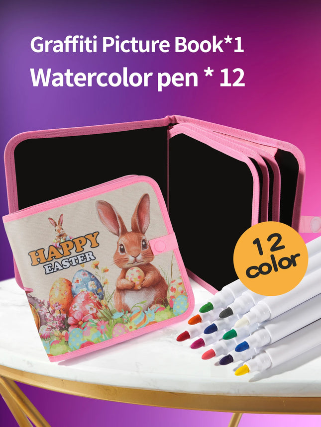 Kids Easter Bunny Blackboard Graffiti Book-Reusable Washable Painting Notebook with 12 Color Pens, Portable Educational Toy Gift