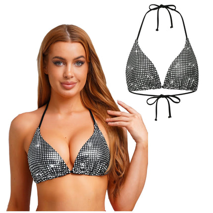 Women Sissy Metallic Shiny Bikini Top Triangle Cup Backless No-wire No-Pad Lace-up Bra Top Beachwear Swimsuit Underwear Brassier