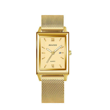 Luxury Men's Golden-Tone Business Watch,Rectangular Dial Quartz Movement, Mesh Band Analog Display Durable & Stylish Timepiece