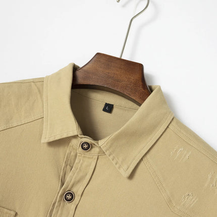 Fashion Men's Business Casual Long Sleeve Shirt with Double Pockets Turn-down Collar Office Work Wear Outdoor Utility Clothing