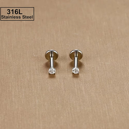2PC Labret Tragus Stud Earrings 16G Surgical Stainless Steel CZ Crystal Monroe Helix Cartilage Conch Medusa Lip Body Piercing
