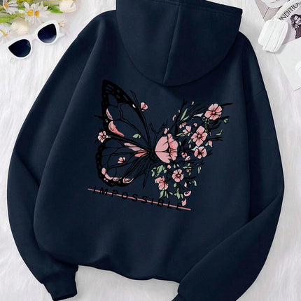 Rose Butterfly Impossible Letter Graphic Print Women Sweatshirt Fashion Warm Hooded Loose Casual Hoodies Fleece Soft Clothing