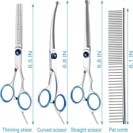 Professional Pet Grooming Scissors Set Stainless Steel Straight Curved Thinning Shears with Comb and Case for Dogs Cats
