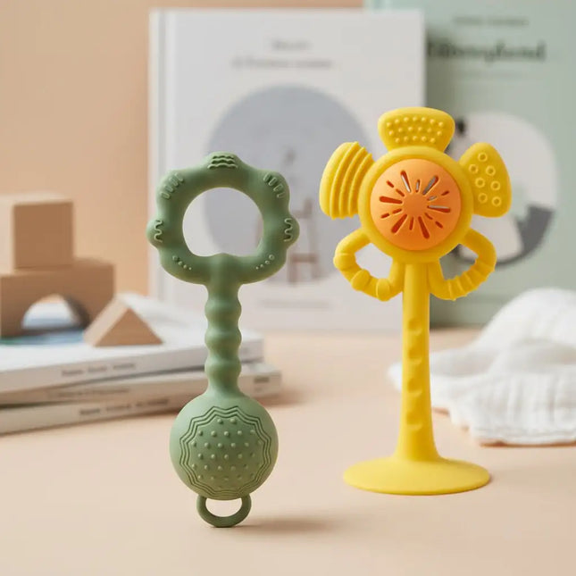 Silicone Baby Rattle and Teether Toy Set with Suction Cup Base Flower Shaker Infant Grasping Toy Food Grade BPA Free