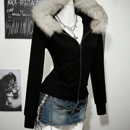 Y2K Harajuku Gothic Women's Hoodie Sexy Slim Chic Suede Fur Collar Letter Print Cardigan Sweatshirt  Female Streetwear